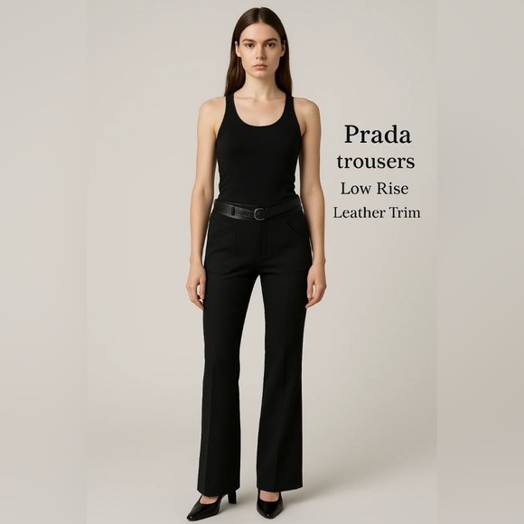 Prada Pants - Vintage Prada Pants, 100% Wool with Leather Waist/Belt, Black, Women's Size 42